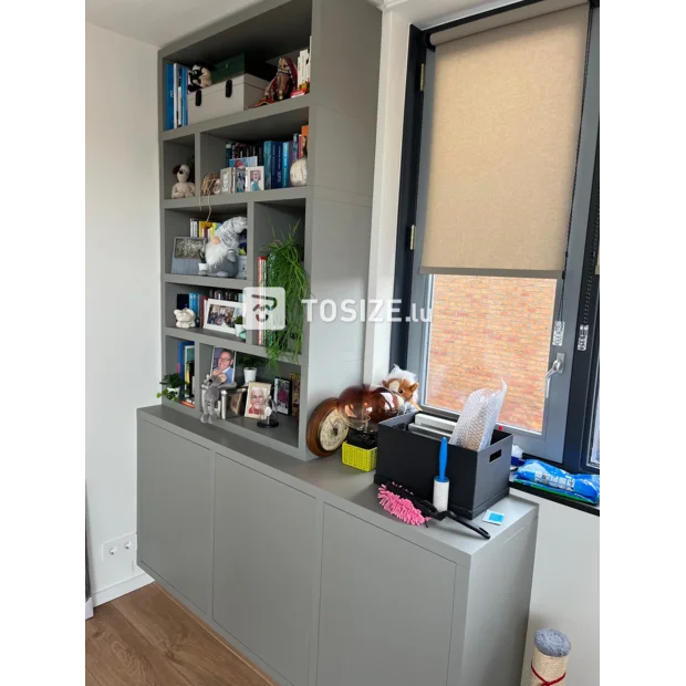 Gray cupboard wall with open compartments and doors