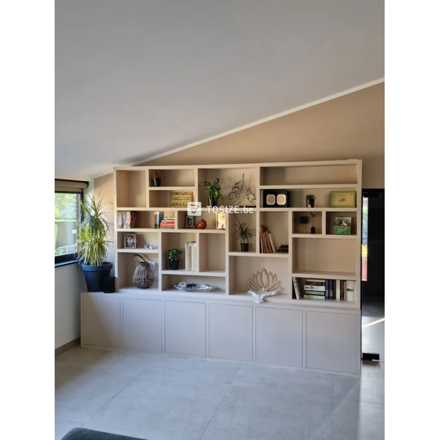 Cream cupboard wall with open compartments and doors