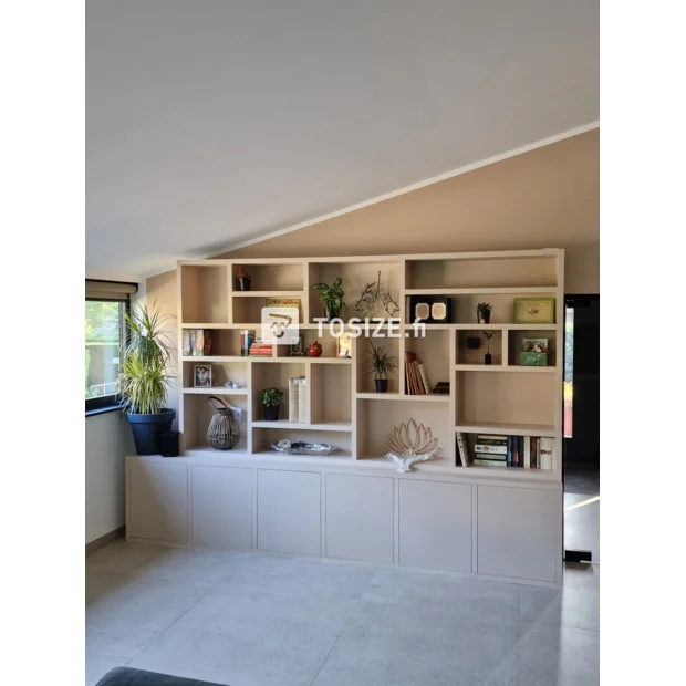 Cream cupboard wall with open compartments and doors