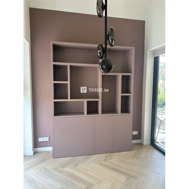 White cupboard wall with open compartments and doors