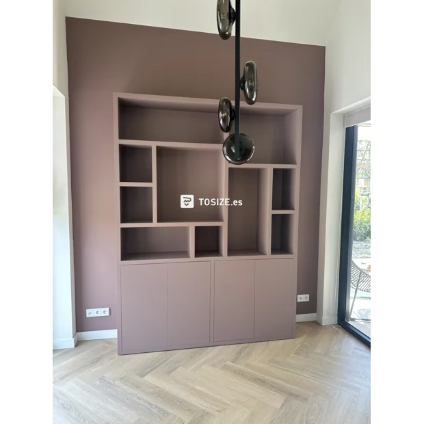 White cupboard wall with open compartments and doors