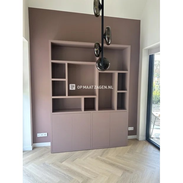 White cupboard wall with open compartments and doors