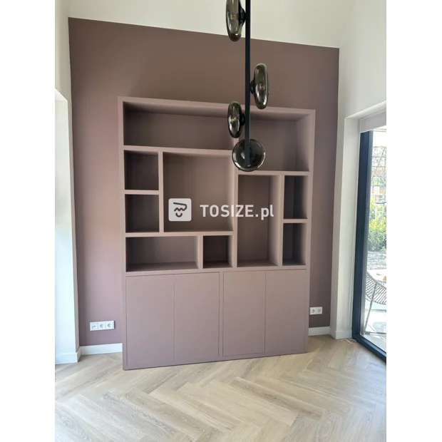 White cupboard wall with open compartments and doors