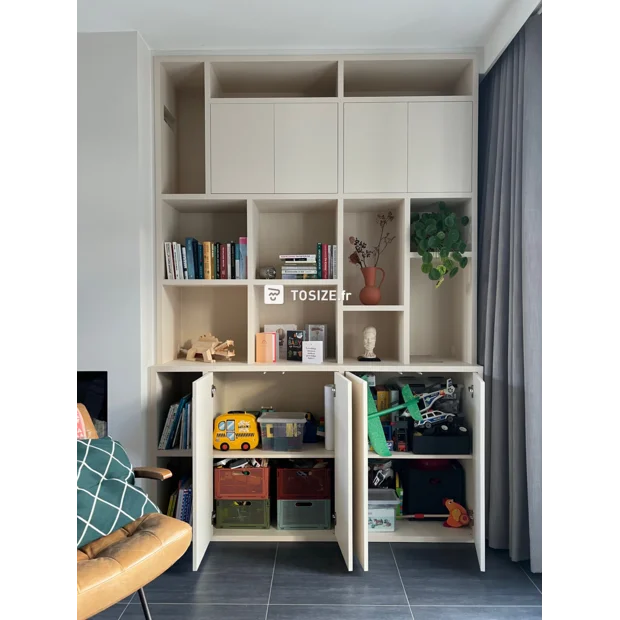 Light cabinet with open compartments and doors