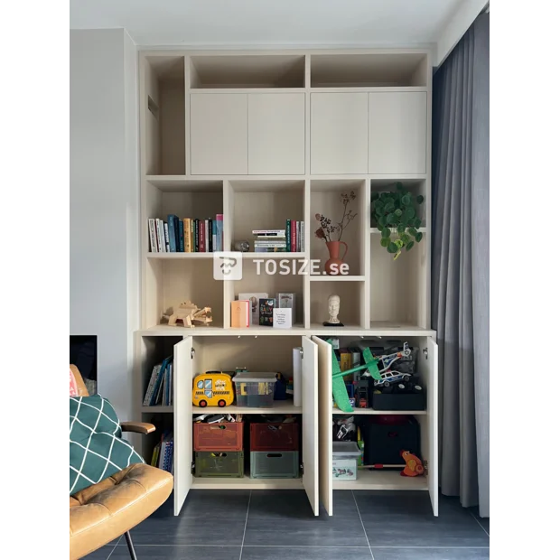 Light cabinet with open compartments and doors