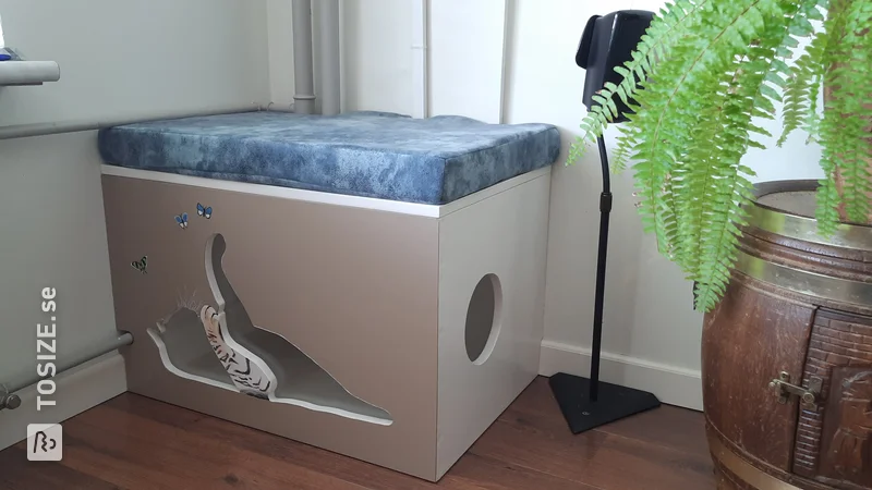 DIY sleeping box for cats with extra seating, by Chantal