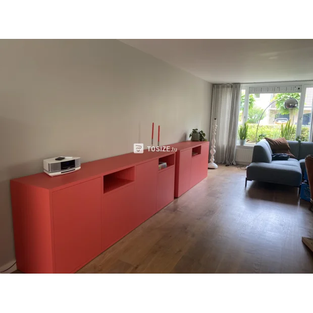 White sideboard with open compartments and shelves