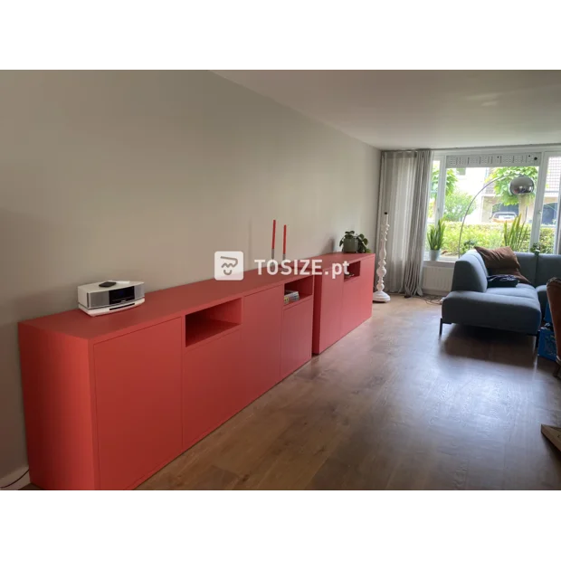 White sideboard with open compartments and shelves