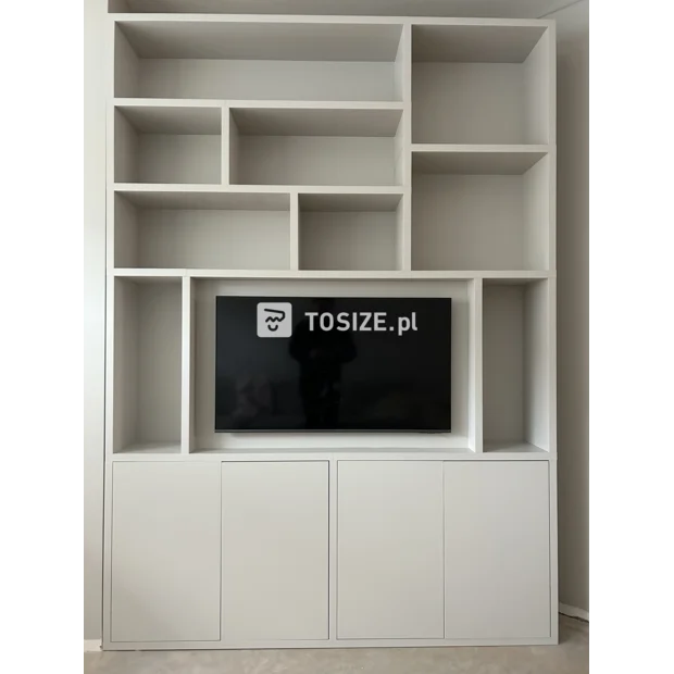 Light (wood) cupboard wall with open compartments and doors