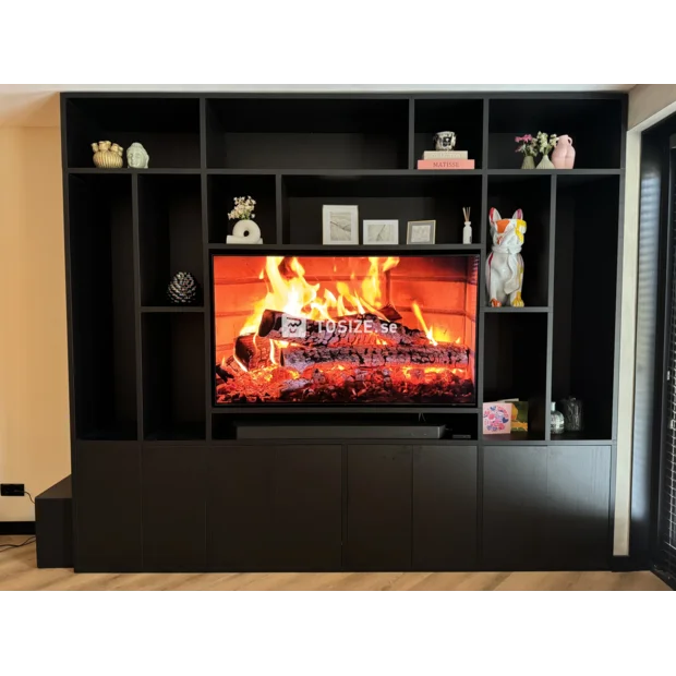 Black cupboard wall with open compartments and doors