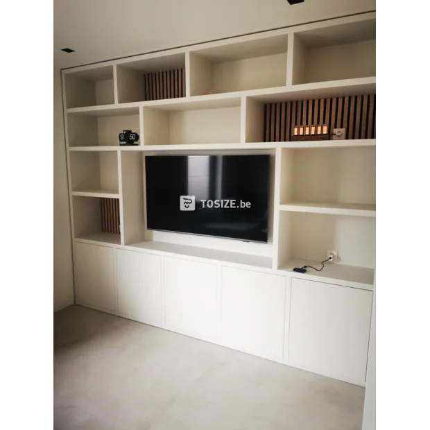 White cupboard wall with open compartments and doors