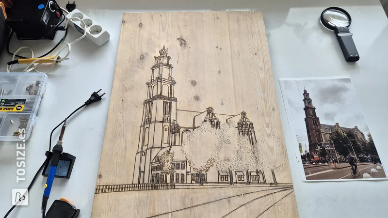 Wood burning project on pine wood panel, by Ivar