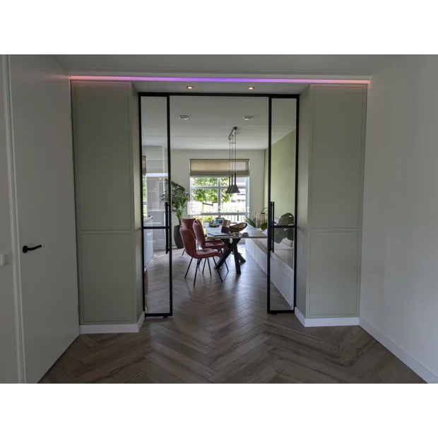 Light green cabinets with doors and open compartments