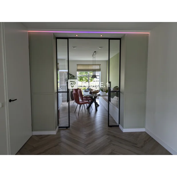 Light green cabinets with doors and open compartments