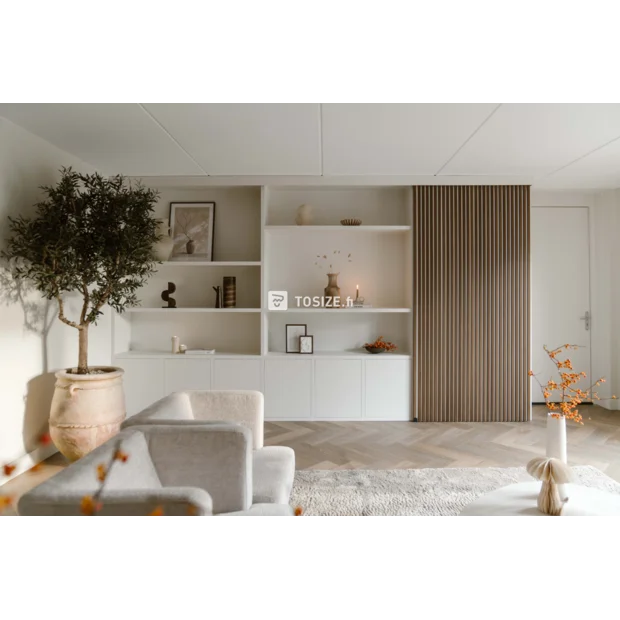 White cupboard wall with doors and open compartments