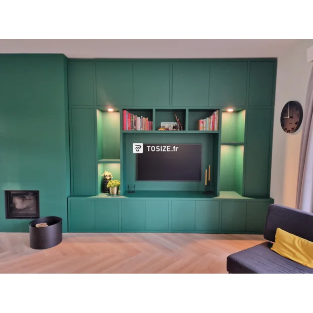 Green cupboard wall with doors and open compartments