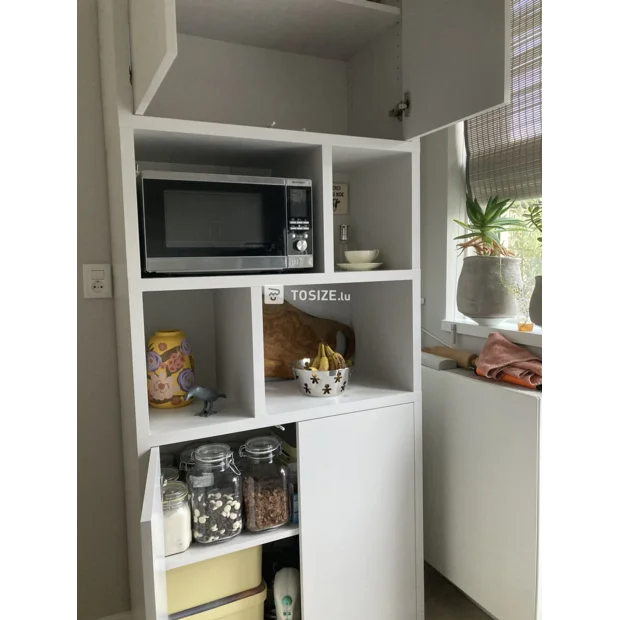 White sideboard with doors and open compartments