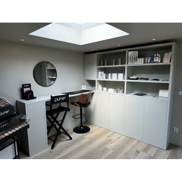 Gray cabinet with doors and open compartments