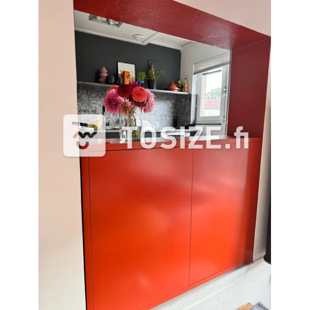 Red sideboard with doors and shelves