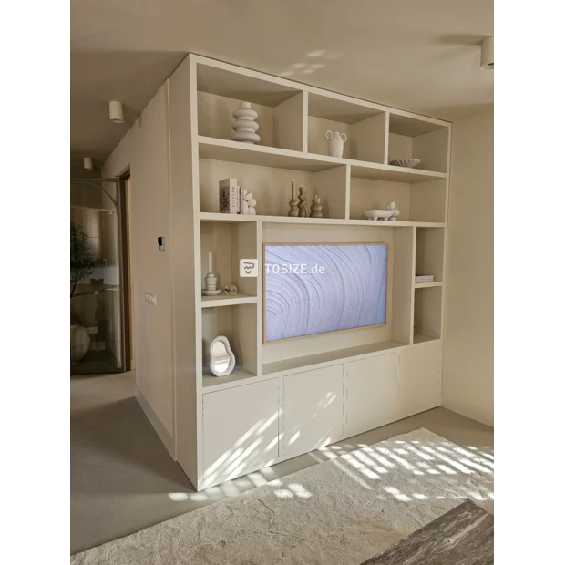 White cupboard wall with doors and open compartments