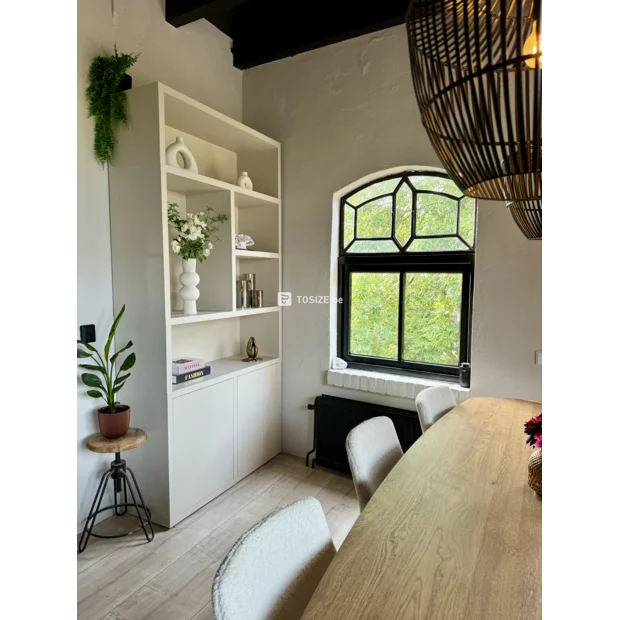 White sideboard with doors and open compartments