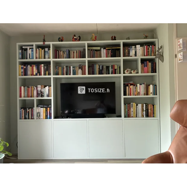 Light (wood) cupboard wall with open compartments and doors