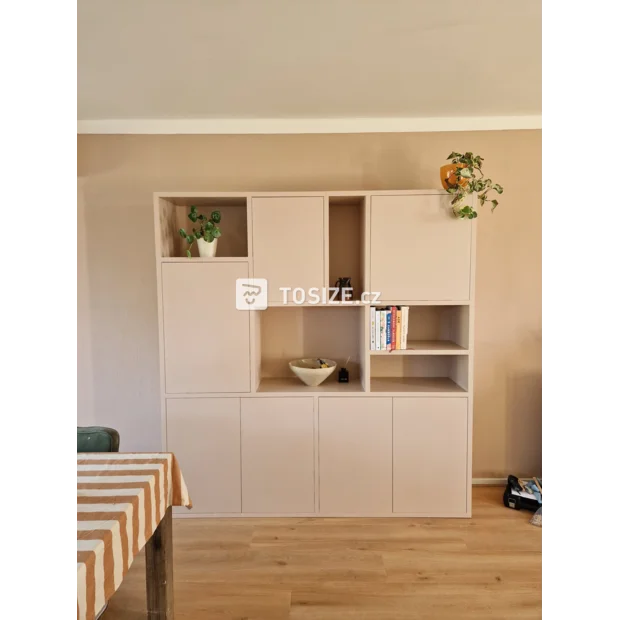 Cream cupboard wall with open compartments and doors