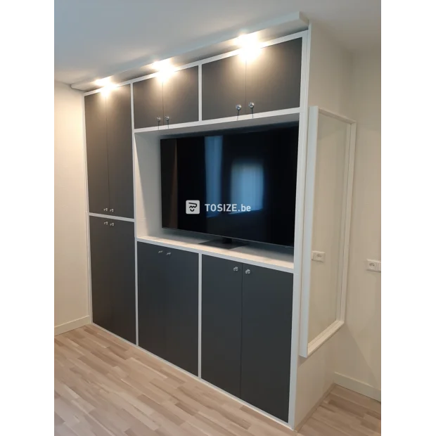 Gray cupboard wall with doors and open compartments