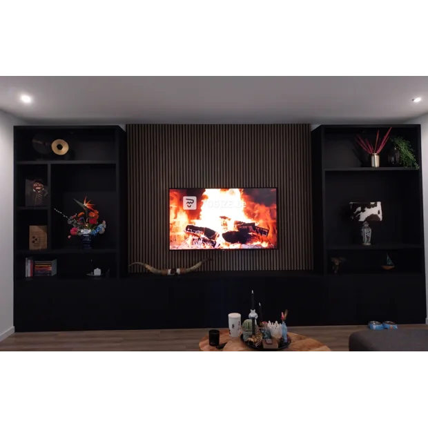 Black sideboard with doors and open compartments