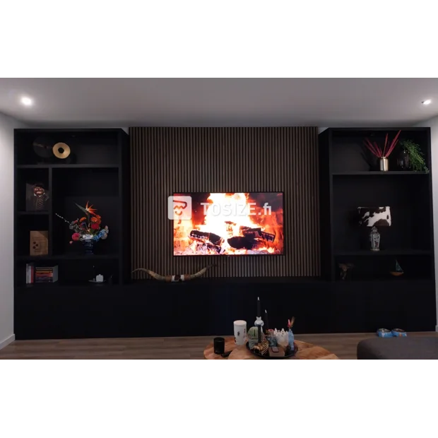 Black sideboard with doors and open compartments