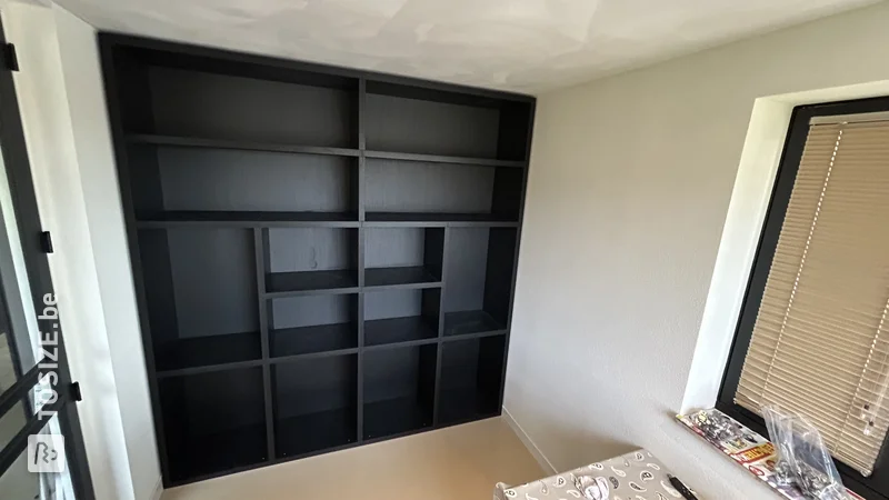 Homemade black oak shelving unit with LED lighting, by Albert