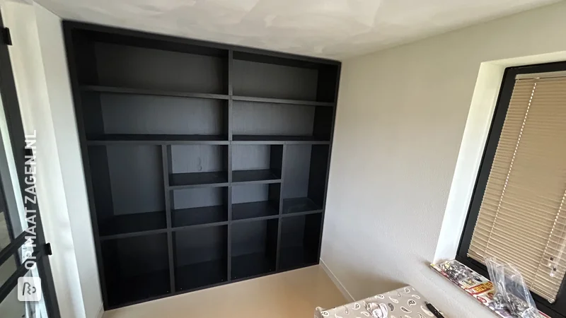 Homemade black oak shelving unit with LED lighting, by Albert