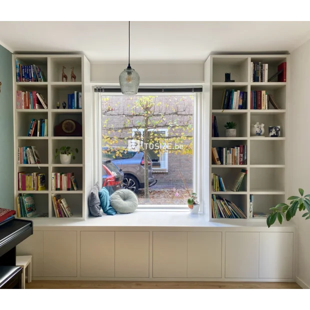 White bookcase with open shelves and doors