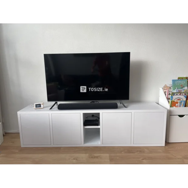 White TV cabinet with doors and open compartments