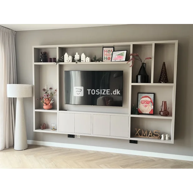 Gray cupboard wall with open compartments and doors