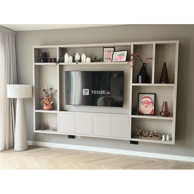 Gray cupboard wall with open compartments and doors