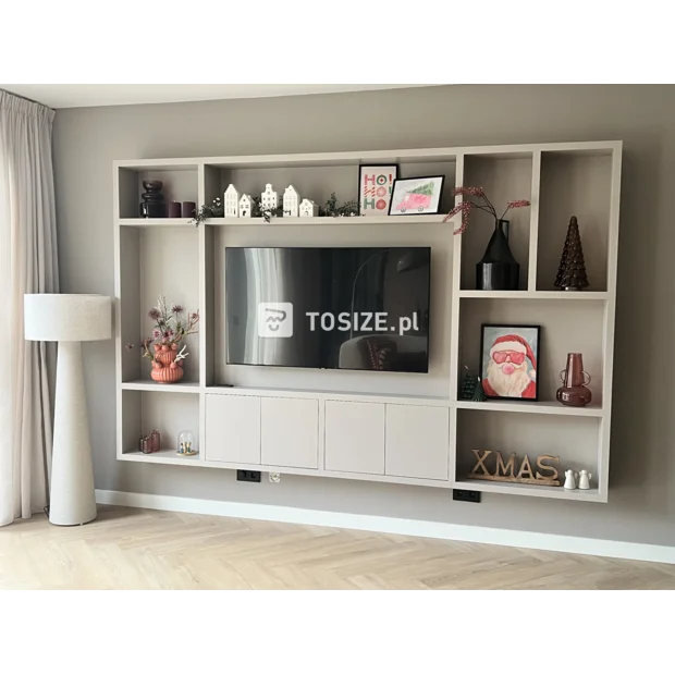 Gray cupboard wall with open compartments and doors