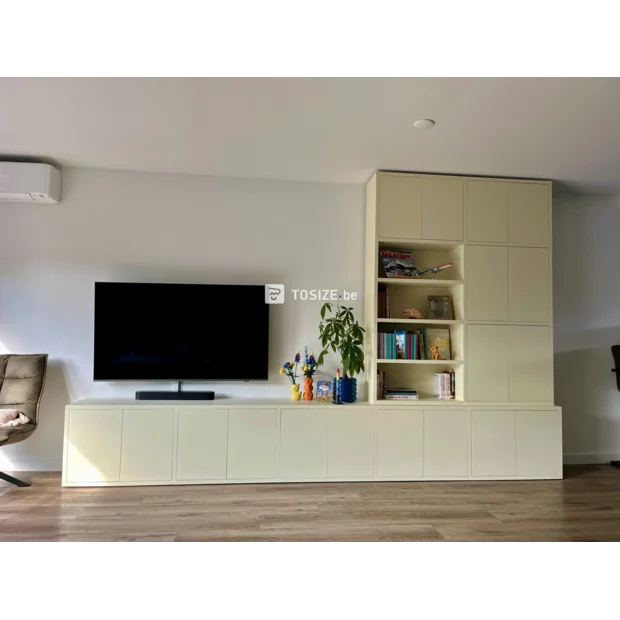 Cream cupboard wall with doors and open compartments