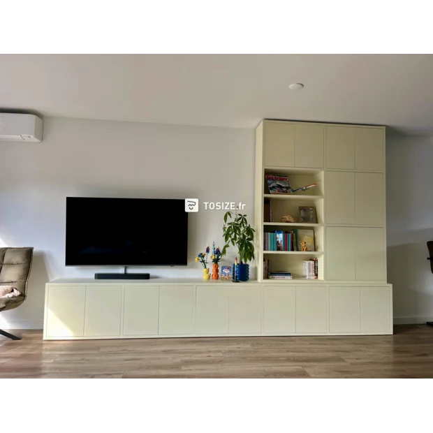 Cream cupboard wall with doors and open compartments