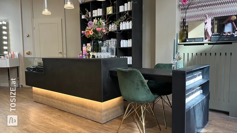 An additional custom workplace in a beauty salon made of sawn black MDF, by HP