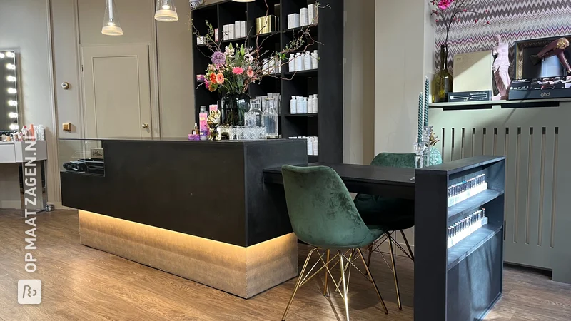 An additional custom workplace in a beauty salon made of sawn black MDF, by HP
