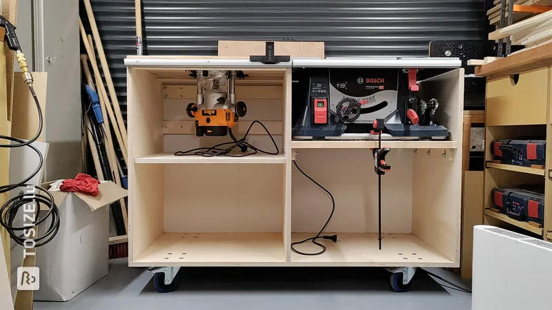 Table de sciage et de fraisage faite maison sur roulettes, par Jochem