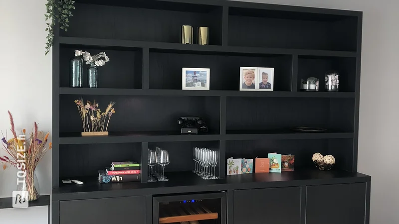 Buffet cabinet with integrated climate cabinet made of black oak quarters, by Erik and Denise