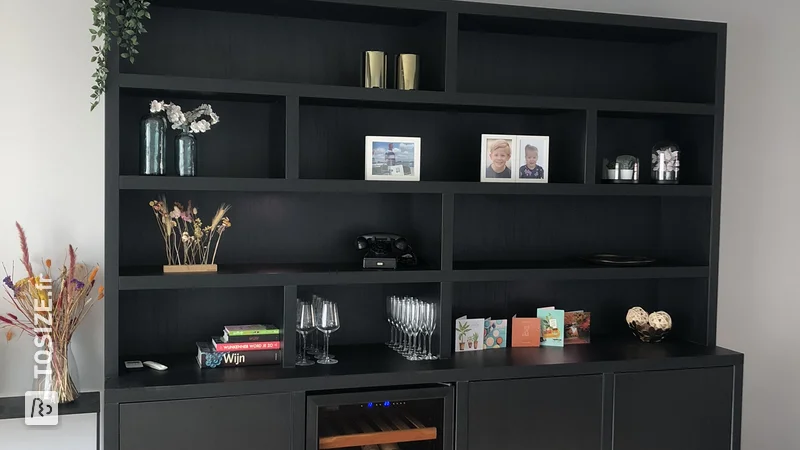 Buffet cabinet with integrated climate cabinet made of black oak quarters, by Erik and Denise