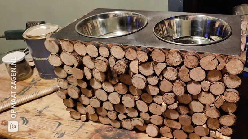 Homemade food bar/dog waterer by Birgit made of plywood