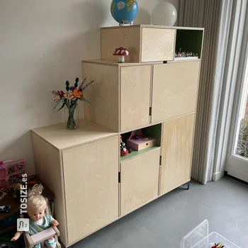 Unique toy cabinet with doors and open compartments made of plywood, by Niels