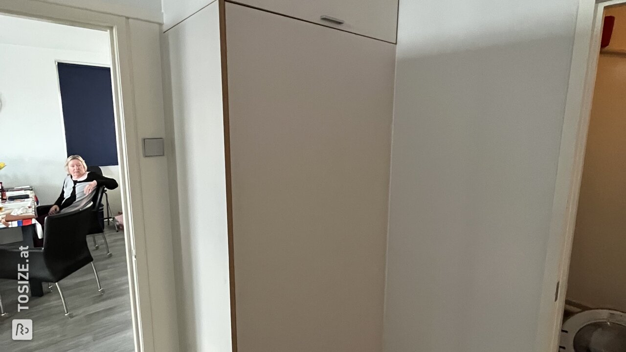 Homemade fridge conversion and built-in cupboard made of MDF, by Jelmer
