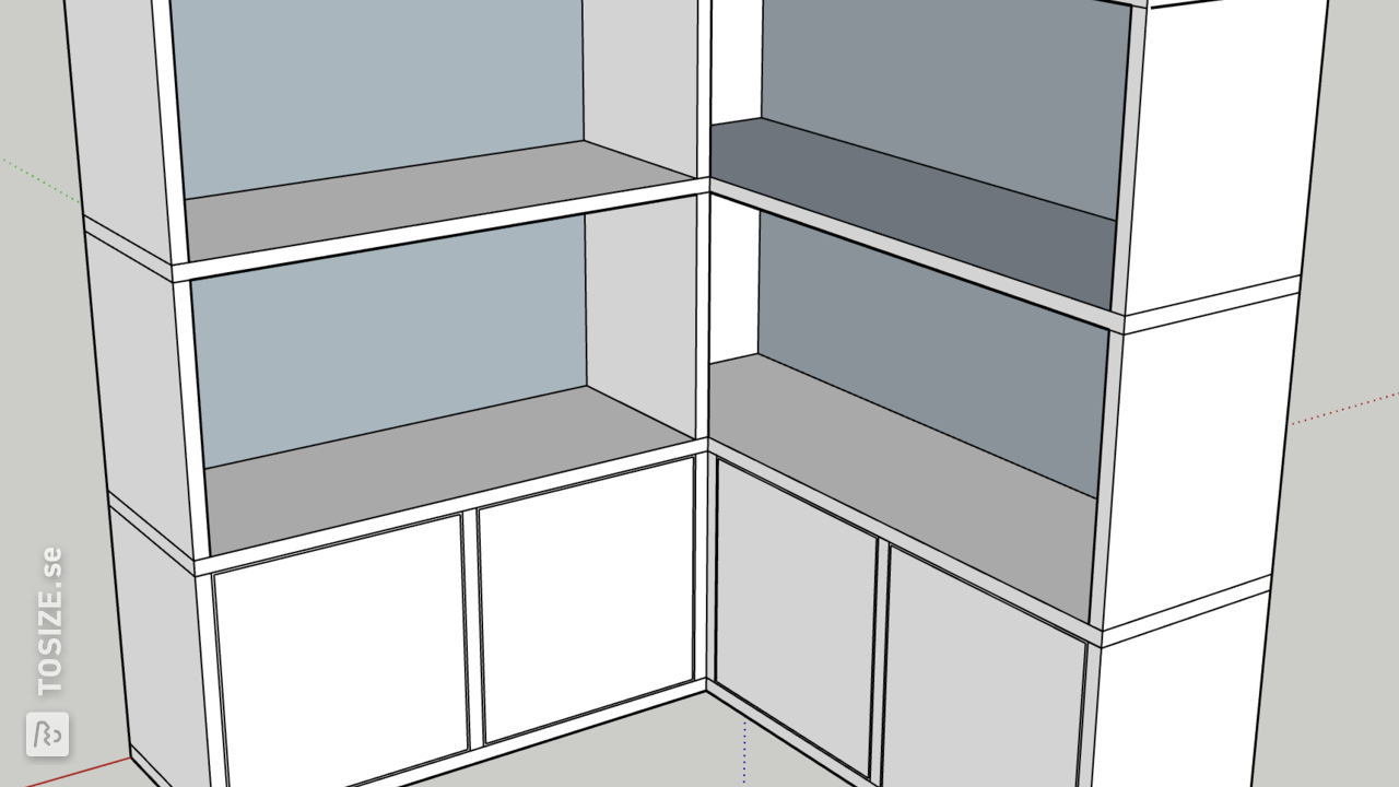 Two cabinets, one extending into the corner with doors
